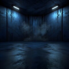 Dark street, asphalt abstract dark blue background, empty dark scene, neon light, spotlights The concrete floor and studio room with smoke float up the interior texture for display Generative AI 