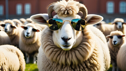 Wall Mural - Funny sheep wearing sunglasses, Generative AI