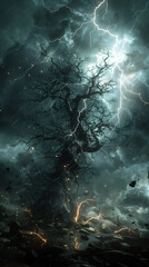 Poster - Atmospheric Tempest Illuminating Shattered Tree Amidst Darkened Heavens with Tendrils of Electricity