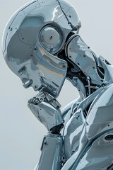 Poster - Captivating Chrome-Plated Humanoid Robot in Thoughtful Pose Amid Gleaming Futuristic Exoskeleton and Intricate Mechanical Details Against a Cinematic