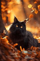 Wall Mural - Curious Black Cat Nestled Amidst Warm Autumn Foliage in Cozy Impressionistic Forest Landscape