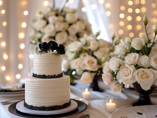 Wall Mural - A black and white themed party table decorated with a cake, flowers and twinkle lights for a wedding or a fancy birthday party. 