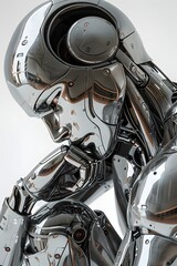 Wall Mural - Enigmatic Chrome-plated Humanoid Robot in Contemplative Pose Amid Futuristic Cityscape