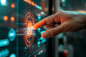 Wall Mural - business man hand touching on virtual digital padlock key diagram with media link connecting technol