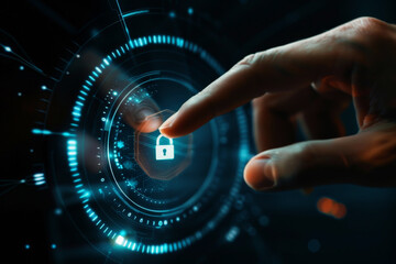 Wall Mural - business man hand touching on virtual digital padlock key diagram with media link connecting technol