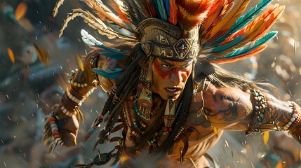 Wall Mural - Ferocious Mayan Warrior in Mid-Leap During Dramatic Outdoor Battle Scene with Vivid Digital Art Style