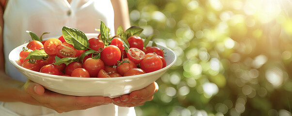 Wall Mural - A woman is holding a white bowl filled with tomatoes and basil. The bowl is placed on a table, and the woman is standing in front of it. Concept of freshness and health, as the tomatoes