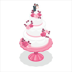 Wedding cake concept. Large dessert or delicacy with white flowers and figurines of bride and groom on top. Sweetness for wedding ceremony. Design for greeting card. Cartoon flat vector illustration
