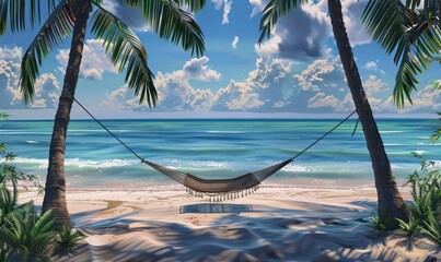 Wall Mural - hammock  a beautiful between two palm trees on a relaxing beach scene and a beautiful endless ocean view