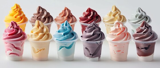 vanilla frozen desserts with colorful syrups in a transparent cup isolated on a minimal and neutral background