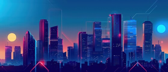 modern cityscape wallpaper at dusk with skyscrapers, some illustrated sleek graphics and artistic composition
