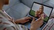 © stockbusters - Family talking distant call online closeup. Smiling woman daughter videocalling