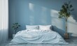 © Dekastro - amazing bedroom minimal interior in light blue, homy decoration and beautiful serene light, very realistic and professional