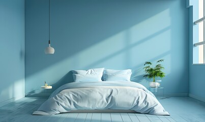 Wall Mural - amazing bedroom minimal interior in light blue, homy decoration and beautiful serene light, very realistic and professional