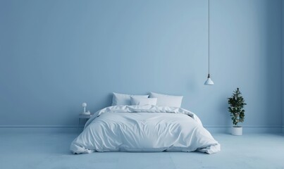 Wall Mural - amazing bedroom minimal interior in light blue, homy decoration and beautiful serene light, very realistic and professional