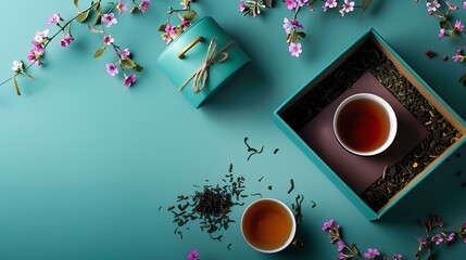 A stylish gift box with artisanal tea and a teapot, set against a bright lavender blue background.