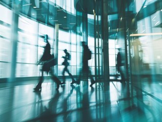 Wall Mural - Busy office life with blurred motion in glass corridor