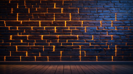 Empty room with glowing brick wall and wooden floor in 3D render style. Generative ai.