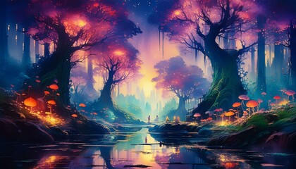 Wall Mural -  A vibrant watercolor painting of an enchanted forest at dusk. The scene features tall,