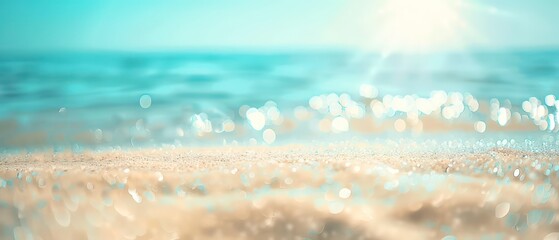 Sticker - summer wallpaper with low angle closeup shore line with golden sand and a sparkling sea, natural light and blurred bright background