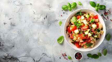 Wall Mural - Pasta salad with red bell pepper tomatoes scallions and basil in a white bowl against a light backdrop