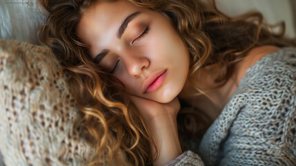 Wall Mural - Tired and sleepy young woman, resting on her hands. 