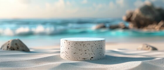 Wall Mural - summer podium made of stone with a tropical beach blurred background, amazing light and atmosphere