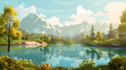 vector style lake and mountain landscape