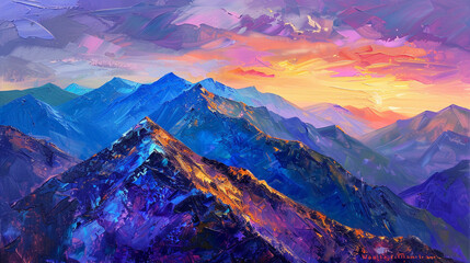 Wall Mural - Impressionistic oil painting of a summer mountain vista with bold purple and blue peaks and a fiery sunset,