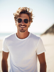 Wall Mural - Young man, guy, male, dad, one model white t-shirt tee shirt mockup mock-up mock up at the beach ocean photograph  