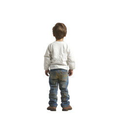 View of a child standing, back view, white background