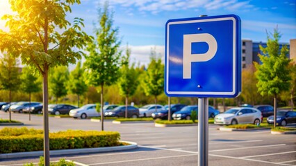 A parking sign with the letter P on it is in a parking lot