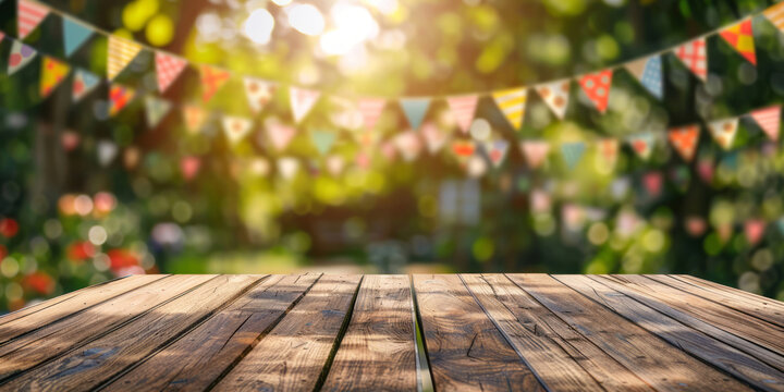 A wooden tabletop is set against a blurred background of a garden party and bunting flag decoration, suitable for a summer celebration or festive concept.