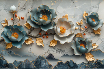 Wall Mural - three panel wall art, marble background with golden and silver Teal Flower Plants designs, wall decoration