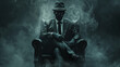 © wanchai - A man in a black suit and hat sits in a chair with a fake mask on his face. The chair is covered in smoke, giving the scene a dark and mysterious atmosphere