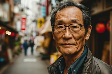 Wall Mural - Portrait of an old Asian man wearing glasses in a narrow street