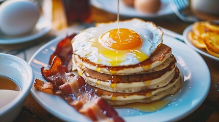 A hearty American breakfast featuring pancakes stacked high with syrup, a side of crispy bacon, and sunny-side-up eggs