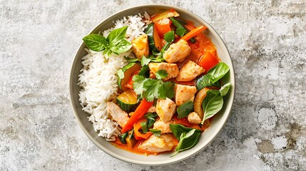 A savory bowl of Thai red curry with chicken, fresh vegetables, and a side of fragrant jasmine rice