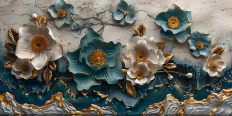 Wall Mural - three panel wall art, marble background with golden and silver Teal Flower Plants designs, wall decoration