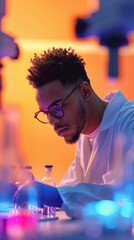 Aufkleber - Multiracial Research Team in Laboratory Analyzing Brain Tissue for CTE Under Blue Light: Intense Focus and Advanced Scientific Equipment