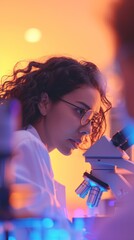 Aufkleber - Diverse Team of Scientists Researching CTE in a High-Tech Lab, Examining Brain Tissue Under Microscope, Intense Focus in Evening Light