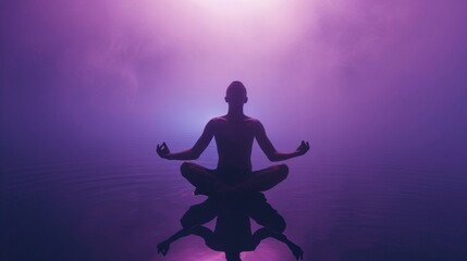 Aufkleber - Ethereal Meditation in Space: A Silhouetted Person Embracing Self-Care Amidst a Tranquil Purple Gradient