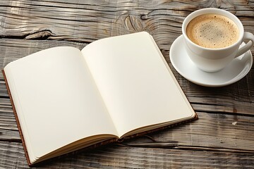 Wall Mural - open notebook with blank pages next to cup of coffee