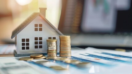 Miniature house model with stacks of coins on financial documents, symbolizing real estate investment, mortgage, and property market analysis.