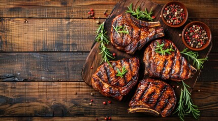 Canvas Print - Grilled pork steaks seasoned with spices displayed on a wooden table from a top view