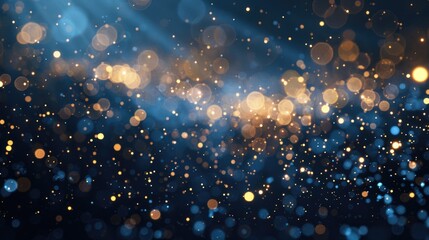 Wall Mural - Abstract background with gold stars, particles and sparkling on navy blue. Christmas Golden light shine particles bokeh on navy blue background. 2025 New year background. Gold foil texture