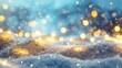 © Achmad Khoeron - estive Christmas natural snowy landscape, abstract empty stage, background with snow, snowdrift and defocused Christmas lights. Blue and yellow Golden Christmas lights against blue sky, copy space