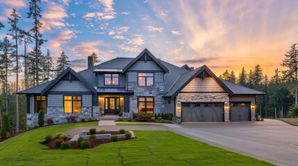 wide angle photo of beautiful grey and black craftsman style home with stone accents, grassy front yard, driveway, forest in background, sunset lighting