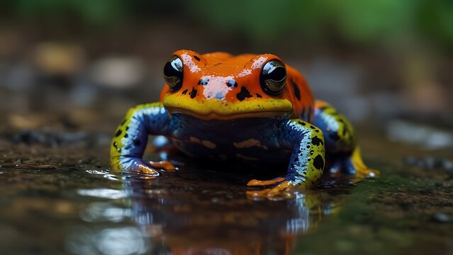 portrait of a beautifully patterned frog relaxing on a tree trunk with a blurred background