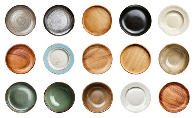 Wall Mural - Big set of empty plates and bowls isolated on transparent background, top view